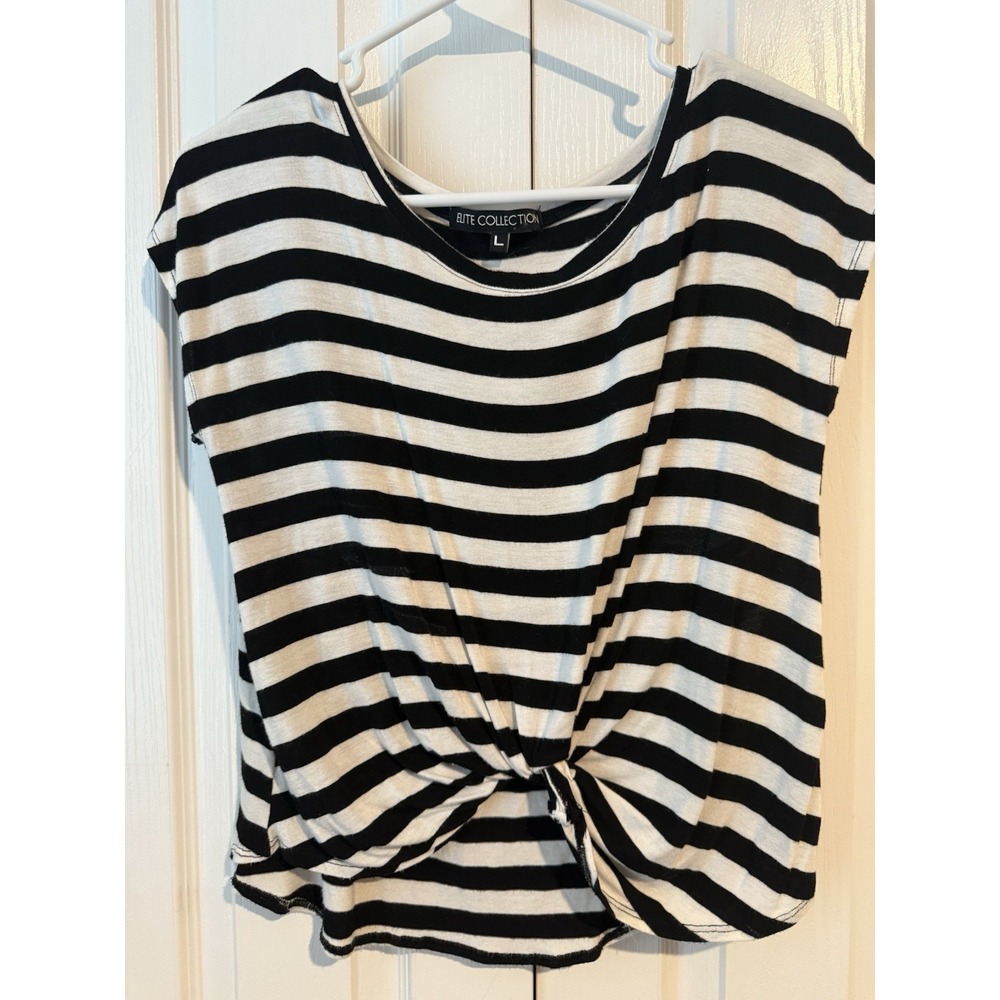 Womens Black White Striped Twist Front Top Size Large Casual Short Sleeve Tee